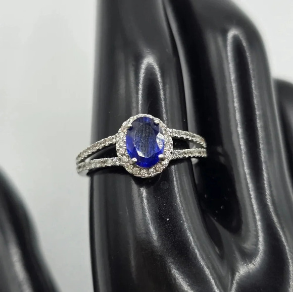 Vintage Silver Simulant Sapphire and CZ Halo Split Ring-Sterling-Simulant-Estate - Picture 2 of 9